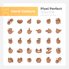 Hand gestures pixel perfect RGB color icons set. Body language. Communication. Isolated vector illustrations. Simple filled line drawings collection. Editable stroke. Montserrat Bold, Light fonts used