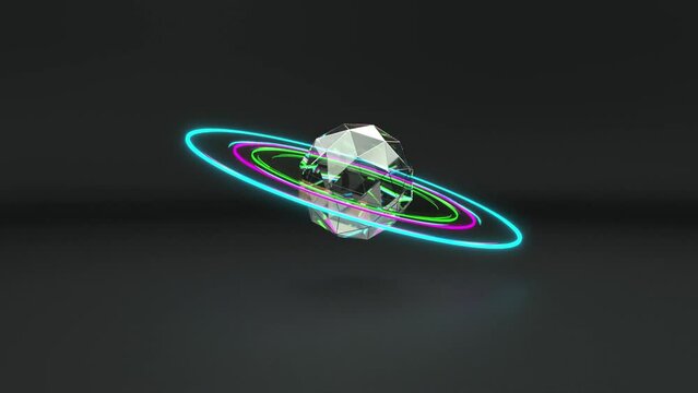 Neon Saturn in vintage 3d style cosmic intro 