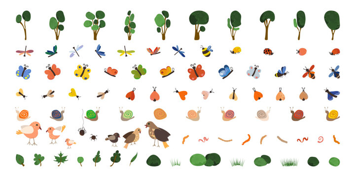 Collection of 89 childish forest elements Trees, insects and birds in different colors Vector illustration in flat cartoon style with watercolor texture Every object are isolated on white background