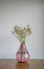 pink wax flowers in a glass pink vase on the table, heart shape, vase on the table, natural light, space for text