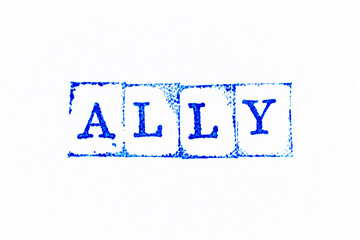 Blue color ink rubber stamp in word ally on white paper background