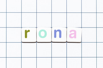 Colorful tile letter in word RONA (Abbreviation of Return on net assets) on white grid background