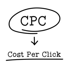 Letter of abbreviation CPC in circle and word Cost per click on white background