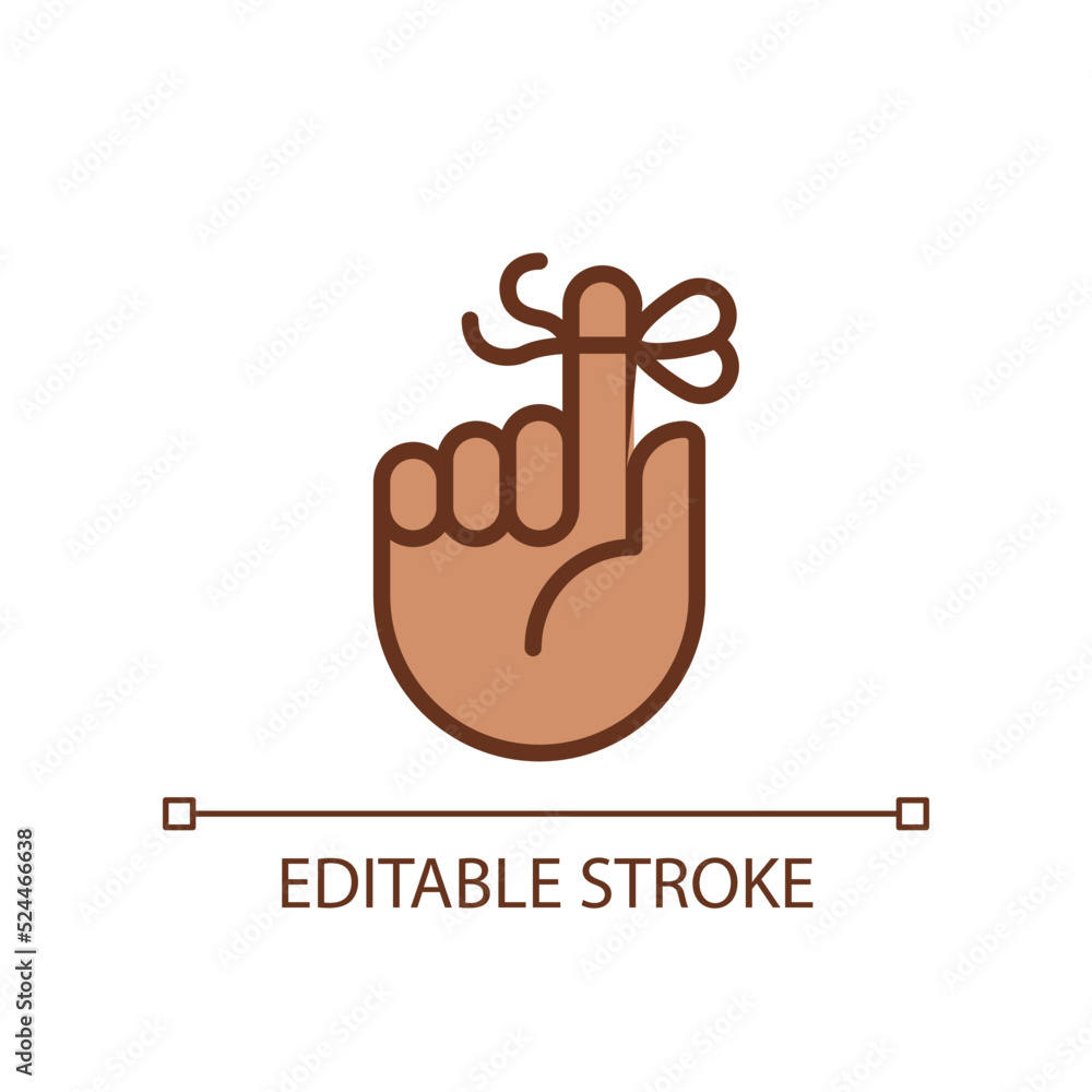 Poster knot on finger for memory pixel perfect rgb color icon. rope tied around pointer. hand gesture. isol