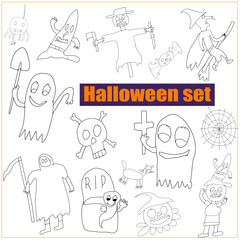 Fototapeta na wymiar Set of illustrations for Halloween, Clipart of mystical doodle illustrations