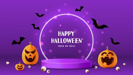 Happy Halloween festive banner. Purple festive banner with 3d spooky pumpkins, podium, neon circle, candy eyes and paper bats. Vector illustration. Happy Halloween holiday banner.