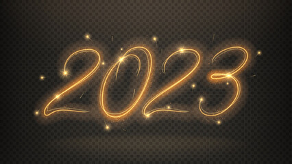 2023 Happy New Year banner. Number 2023 written with sparkling sparklers isolated on checkered background. Glowing template for holiday greeting card, banners and poster. 2023 sparkling sign.