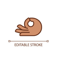 Meditation mudra pixel perfect RGB color icon. Touching thumb and index fingers. Body language. Isolated vector illustration. Simple filled line drawing. Editable stroke. Arial font used