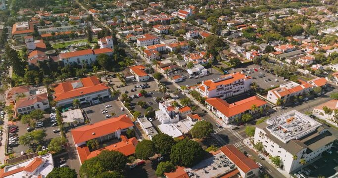 Splendid view of Santa Barbara architecture. Beautiful dwellings in the greenery and neat streets from aerial perspective.