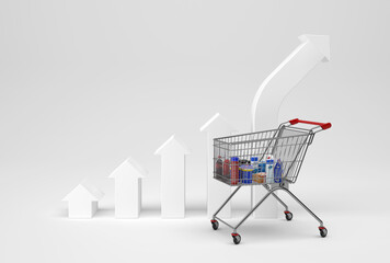 shopping cart with increasing inflation - 3D illustration - obrazy, fototapety, plakaty