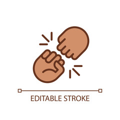 Fist bump pixel perfect RGB color icon. Funny greeting gesture. Communication. Body language. Isolated vector illustration. Simple filled line drawing. Editable stroke. Arial font used