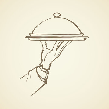 Hand of waiter with dish. Vector drawing