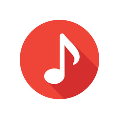 Music note flat icon on round button in long shadow style.