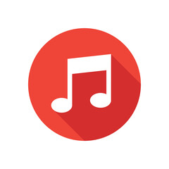 Button circle with music note icon in red color. Vector illustration.