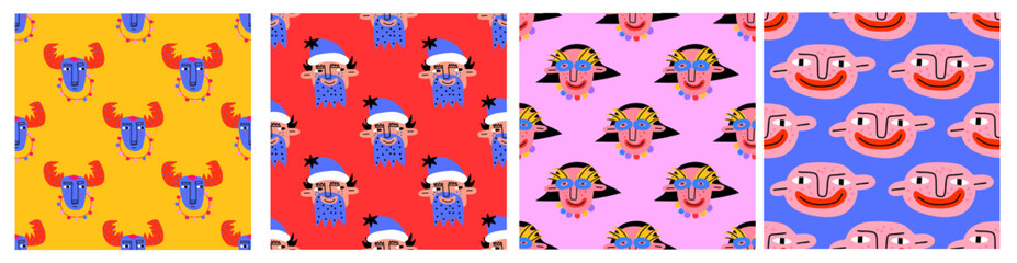 vector set seamless patterns-christmas and new year in the style of psychedelic 1970.Festive people, santa claus, deers.Hippie, funky,groovy celebration.New year greeting paper,textile.Back collection
