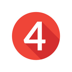Number four flat icon, round button in long shadow style.
