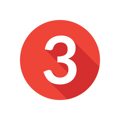 Number three flat icon, round button in long shadow style.