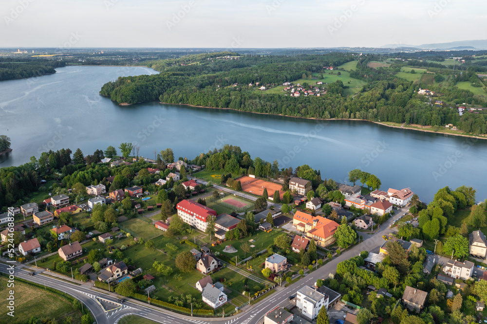 Canvas Prints Terlicko dam lake on River Stonavka in Terlicko, Czech Republic, drone photo