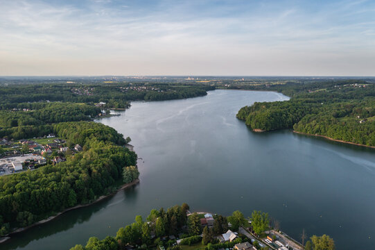 Aerial drone view of Terlicko dam lake on River Stonavka in Terlicko, Czech Republic