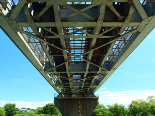 夏の江戸川に架かる武蔵野線鉄橋と青空
