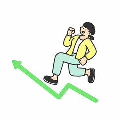 In progress concept. Business woman running up over growing chart. Move up motivation . Outline doodle vector characters isolated on white.