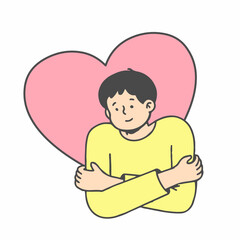 Young man hugging himself with natural emotional enjoying face. Love concept by yourself. Hand drawn style vector design illustration.