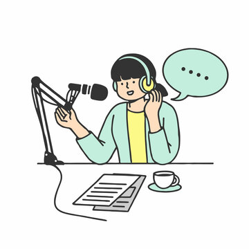 Young woman record a podcast, online radio show. People with headphones are talking into a microphone. The concept of podcasting, broadcasting.Outline doodle vector characters isolated on white.