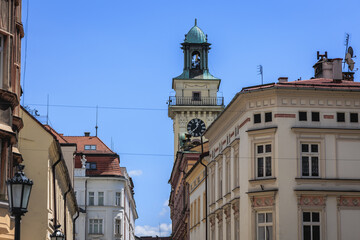 Fototapeta na wymiar Tower of Town Hall in historic part of Cieszyn city, Poland