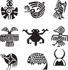 Vector set of monochrome Indian symbols. National ornament of native americans, aztecs, maya, incas.