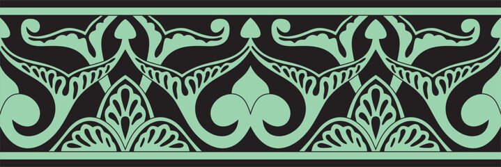 Vector green seamless oriental national ornament. Endless ethnic floral border, arab peoples frame. Persian painting.