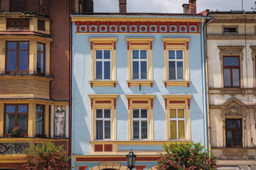 Fototapeta na wymiar Historic townhouse on Market Square in old part of Cieszyn city, Poland