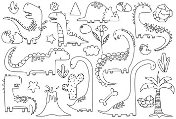 Fototapeta premium doodle of Cute dinosaurs and tropic plants. Funny cartoon dino set. Hand drawn vector doodle set for kids