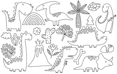 doodle of Cute dinosaurs and tropic plants.  Funny cartoon dino set. Hand drawn vector doodle set for kids