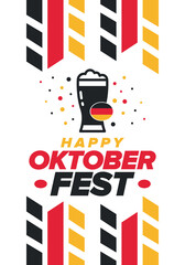 Oktoberfest. Traditional beer festival in Germany. Celebration annual worldwide in september and october. Bavarian party. German event. National flag. Poster, banner, patten. Vector illustration 