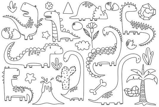 doodle of Cute dinosaurs and tropic plants.  Funny cartoon dino set. Hand drawn vector doodle set for kids
