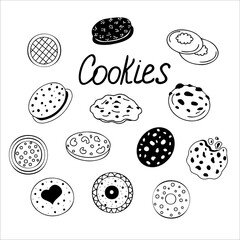A set of cute round cookies. A collection of various crackers, snacks, chocolate cookies, etc. Festive pastries. Vector black and white illustration of delicious food on a white background.