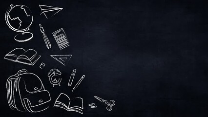 Teacher's Day. Creative banner Back to school. 4K animated banner design with black school board and white chalk drawings. Drawn school items for education