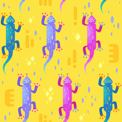 Cartoon colorful pattern with cute lizards