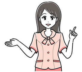 案内するオーバーブラウスの女性（シンプル・上半身　指差し）.