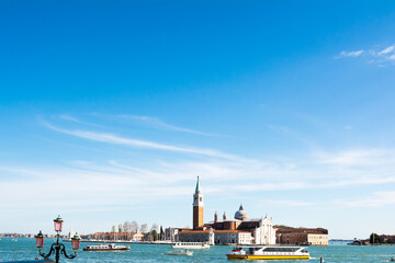 View of the Grand Canal and San Giorgio Maggiore Church at Venice, Veneto, Italy.
