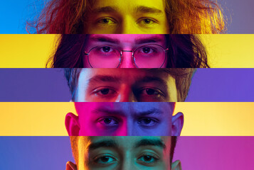 Collage of close-up male and female eyes isolated on colored neon backgorund. Multicolored stripes....