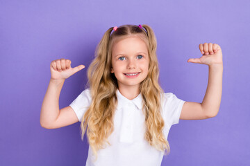 Photo portrait of positive little school girl tails point self award champion wear stylish white...