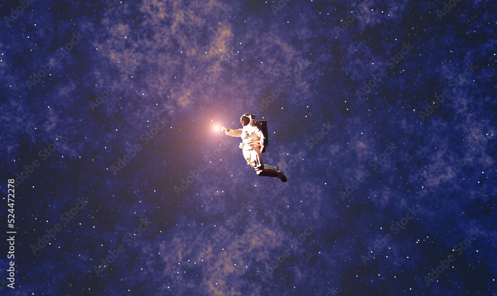 Poster astronaut spacewalk in space and touching orb of light.