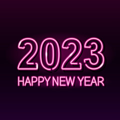 Neon 2022 text on dark brick wall seamless background. Winter holidays, celebration, New Year concept. Night glowing neon signboard style. Vector 10 EPS illustration.