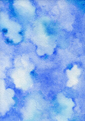 Blue sky with clouds textured background, watercolor drawing.