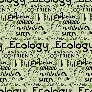 Background of words related to the topic of ecology. Text on a green background based on an eco-theme. For printing packaging, textiles, banners, leaflets, labels.