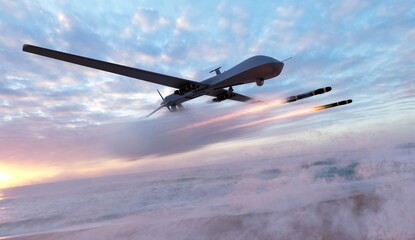 Military combat drone UAV launching missiles