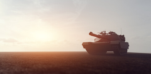 Military tank in combat on the field