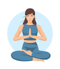 Yoga young woman, card concept. Beautiful girl in a blue suit doing yoga. Healthy lifestyle. Poster. Template. Vector illustration isolated on a white background.