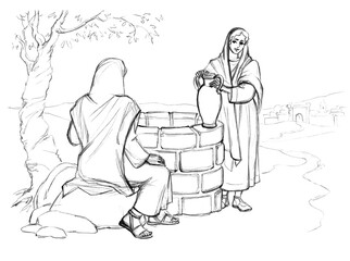 Christ and the Samaritan Woman at the Well. Pencil drawing
